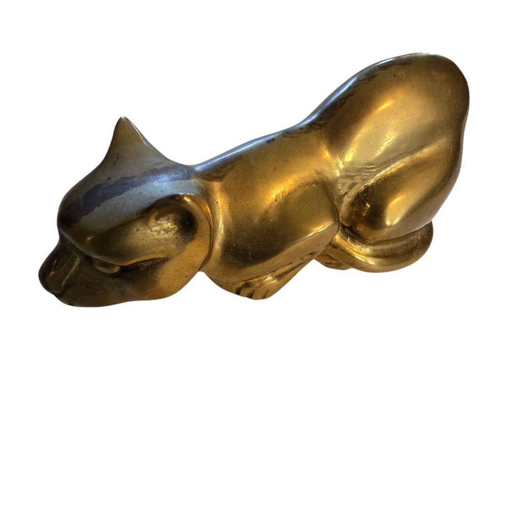 Vintage 1984 Enesco Brass Crouching Cat Figurine 6.75" X 3.25" Heavy Paperweight